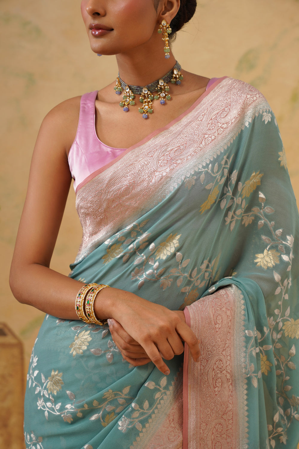 Handwoven Seafoam Khaddi Georgette Saree with Floral Bel