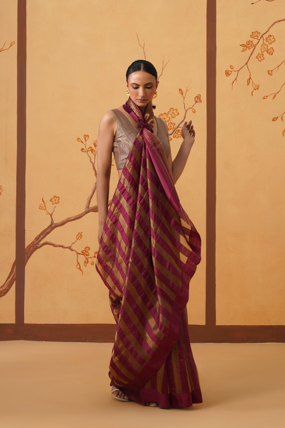 Handwoven Wine & Gold Striped Katan-Tissue Silk Saree