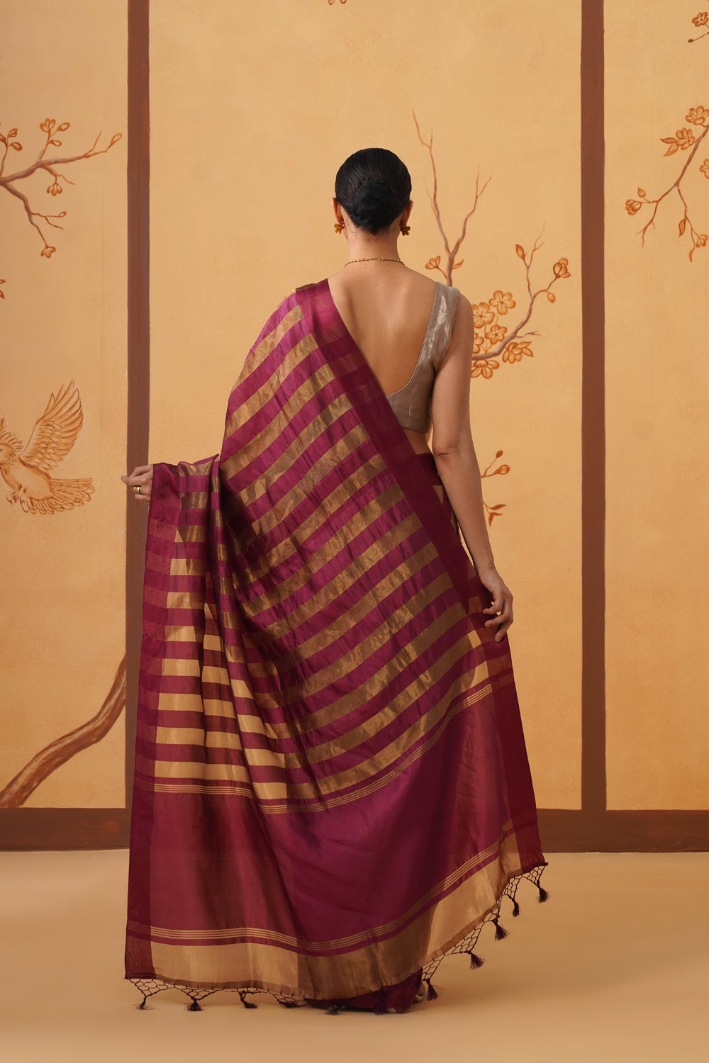 Handwoven Wine & Gold Striped Katan-Tissue Silk Saree