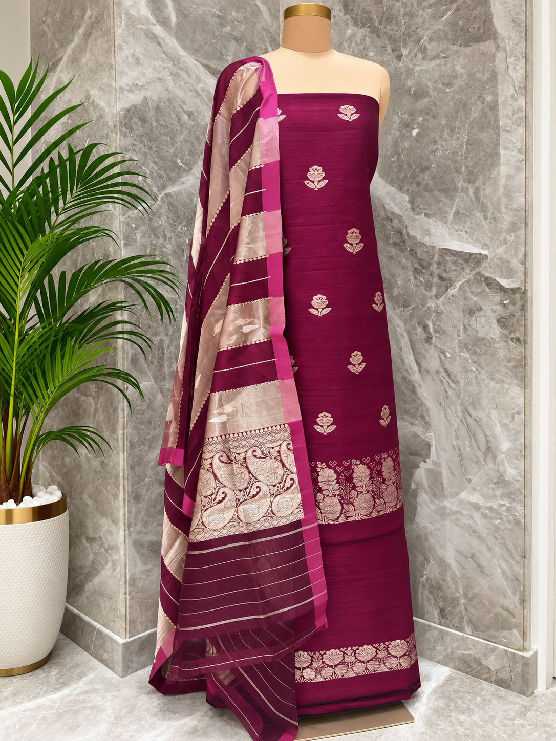 Pure Raw Silk Suit Set In Wine
