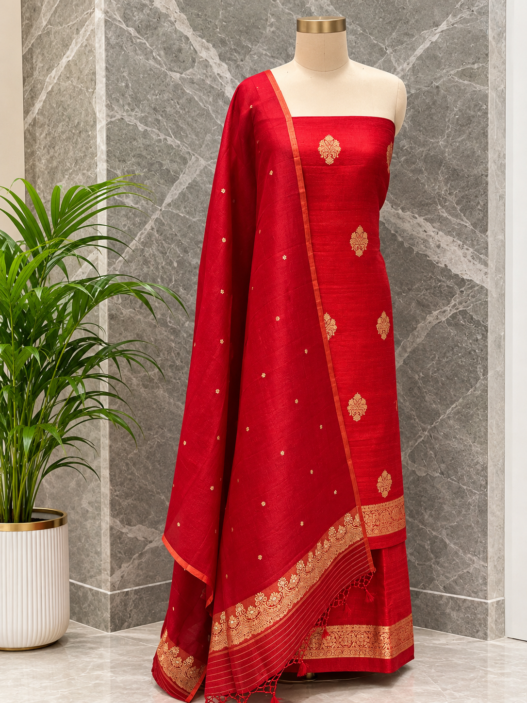Pure Handloom Raw Silk Suit Set In Red