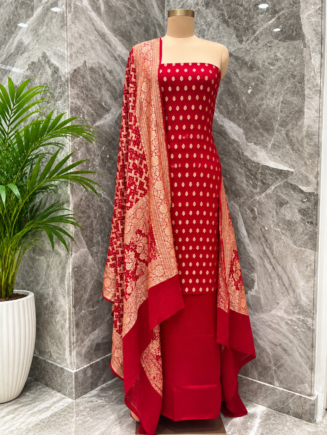 Red Georgette Pure Handloom Suit Set