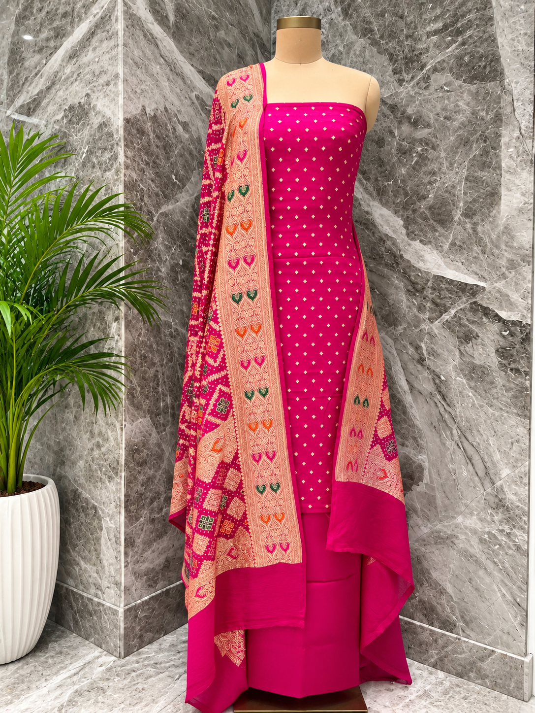 Rani Pink Pure Georgette Suit Set with Banarasi Bandhani Dupatta