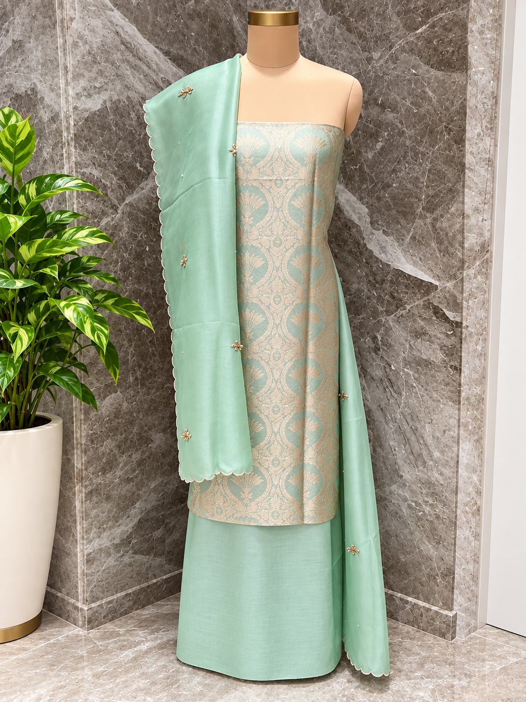 Mint Green Pure Katan Silk Suit Set with Organza Dupatta