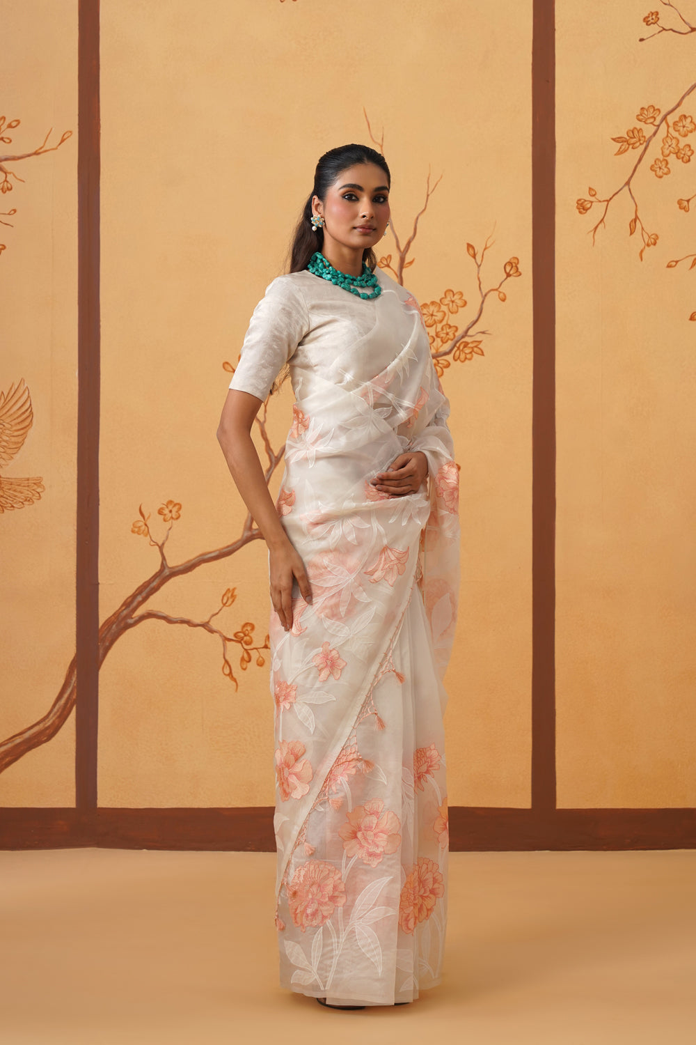 Kora Organza Saree in Peach Blossom with Floral Embroidery & Applique