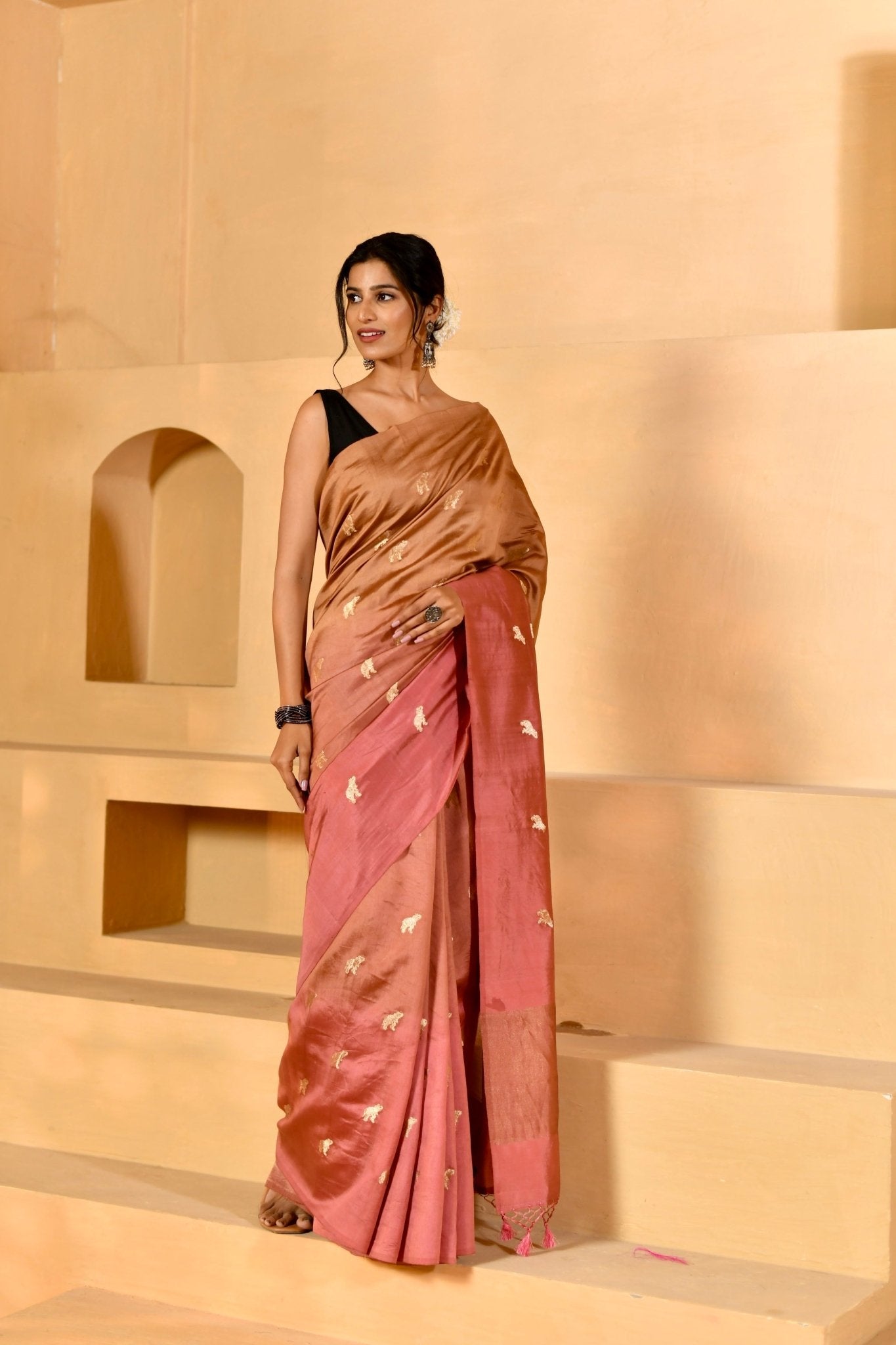 Muted Peach Chiniya Silk Saree with Figure Motifs - Banarasiya