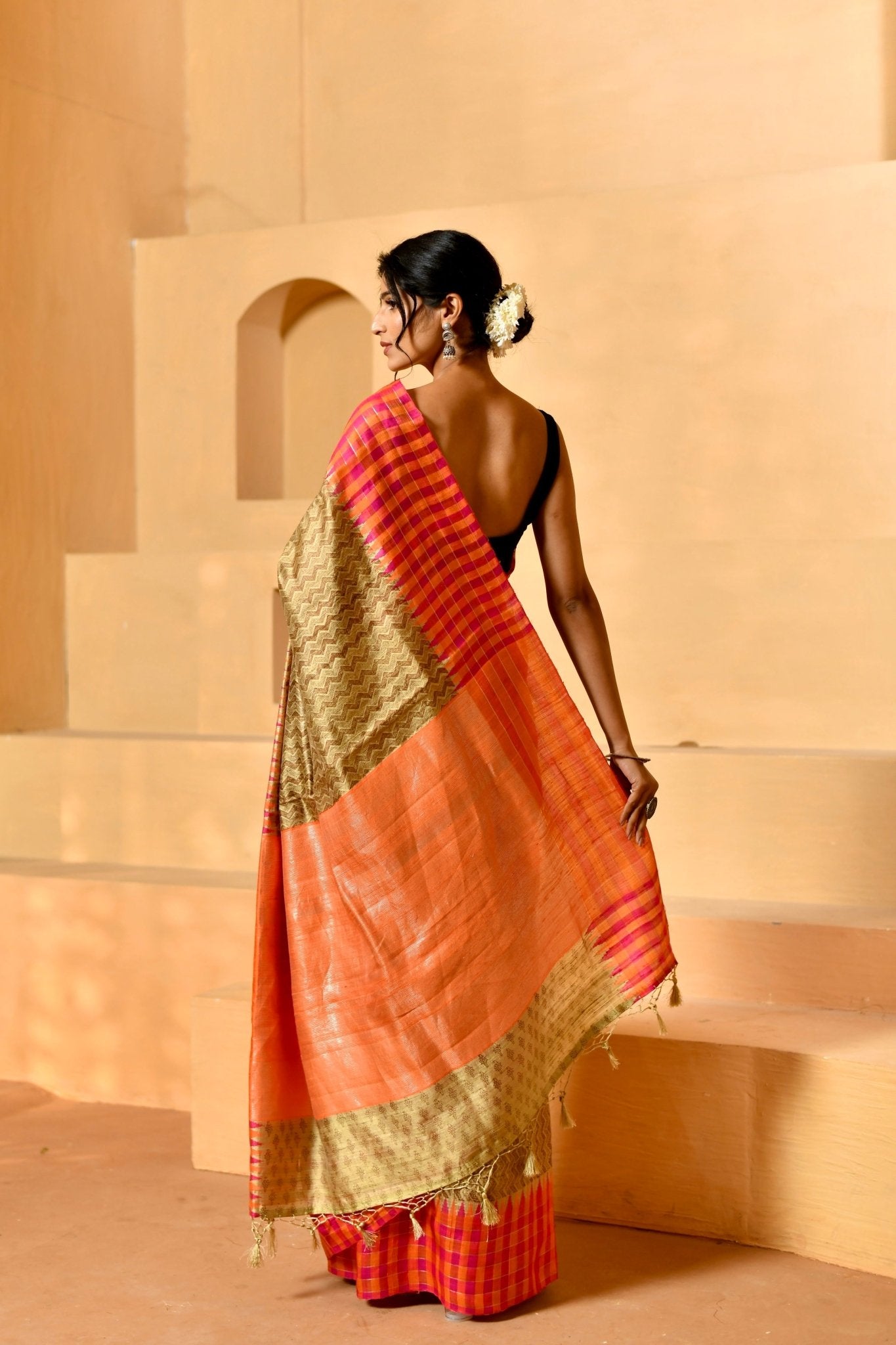 Naturally Textured Pure Tussar Silk in Olive - Beige - Banarasiya