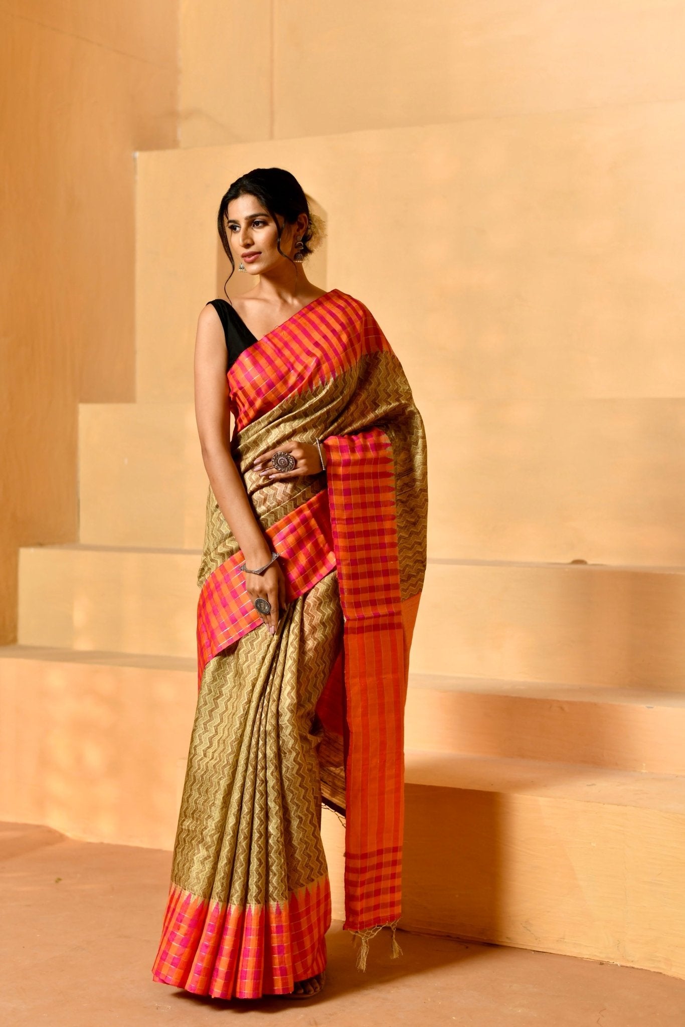 Naturally Textured Pure Tussar Silk in Olive - Beige - Banarasiya