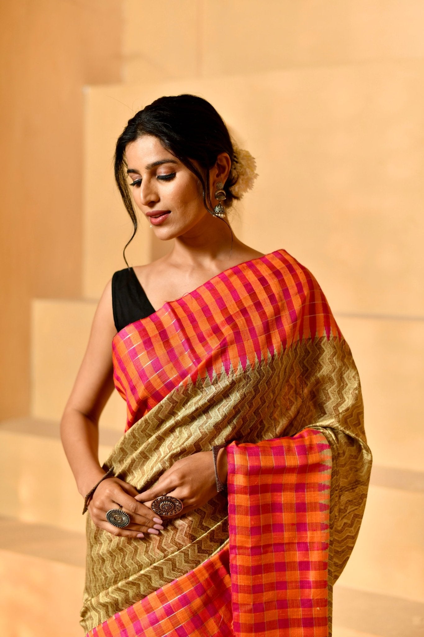 Naturally Textured Pure Tussar Silk in Olive - Beige - Banarasiya