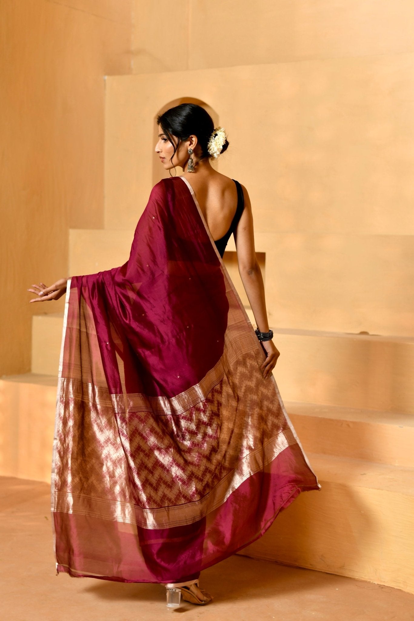 Pure Katan Organza Saree in Deep Wine - Banarasiya