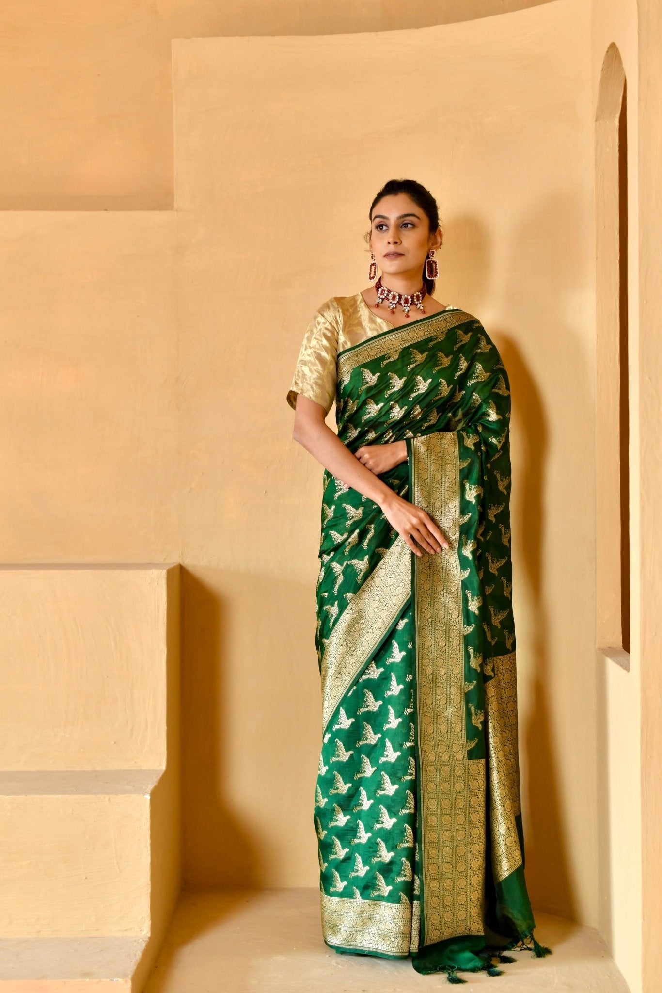 Pure Katan Silk in Bottle - Green with Bird Motifs - Banarasiya