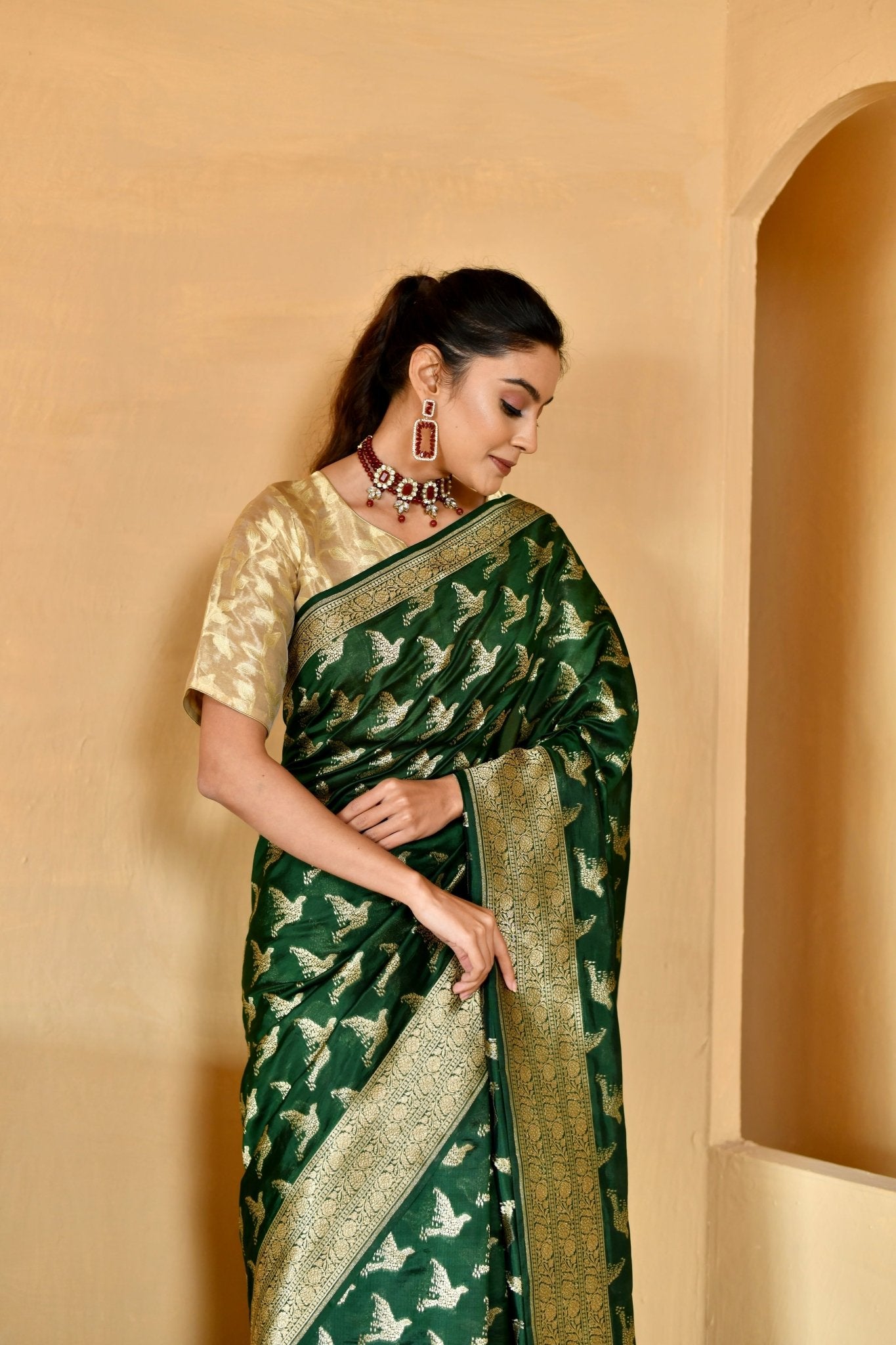 Pure Katan Silk in Bottle - Green with Bird Motifs - Banarasiya