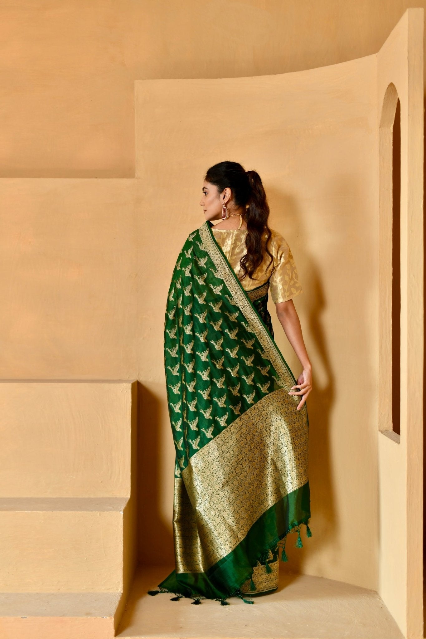 Pure Katan Silk in Bottle - Green with Bird Motifs - Banarasiya