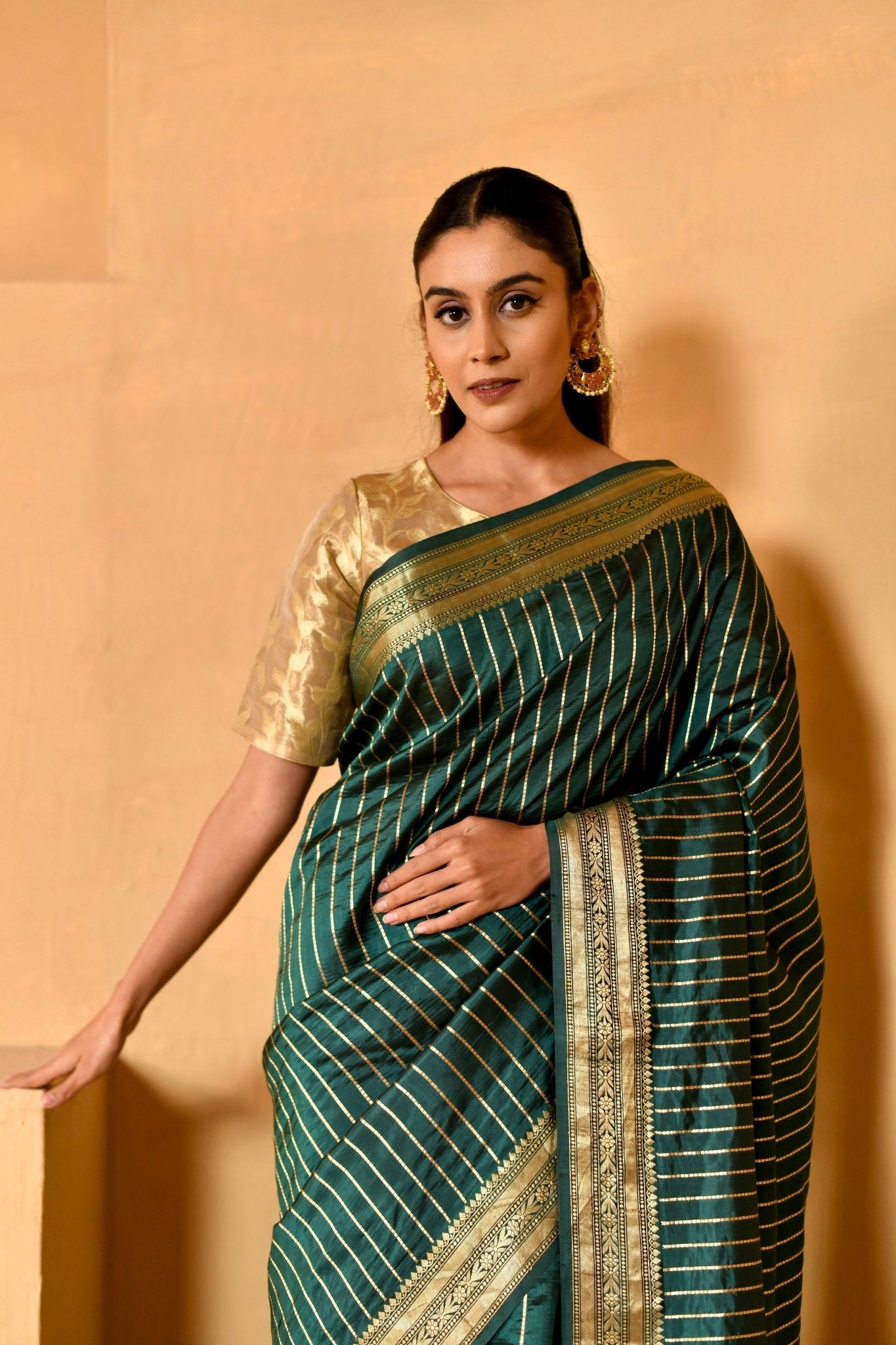 Pure Katan Silk in Deep Green with Zari Stripes - Banarasiya
