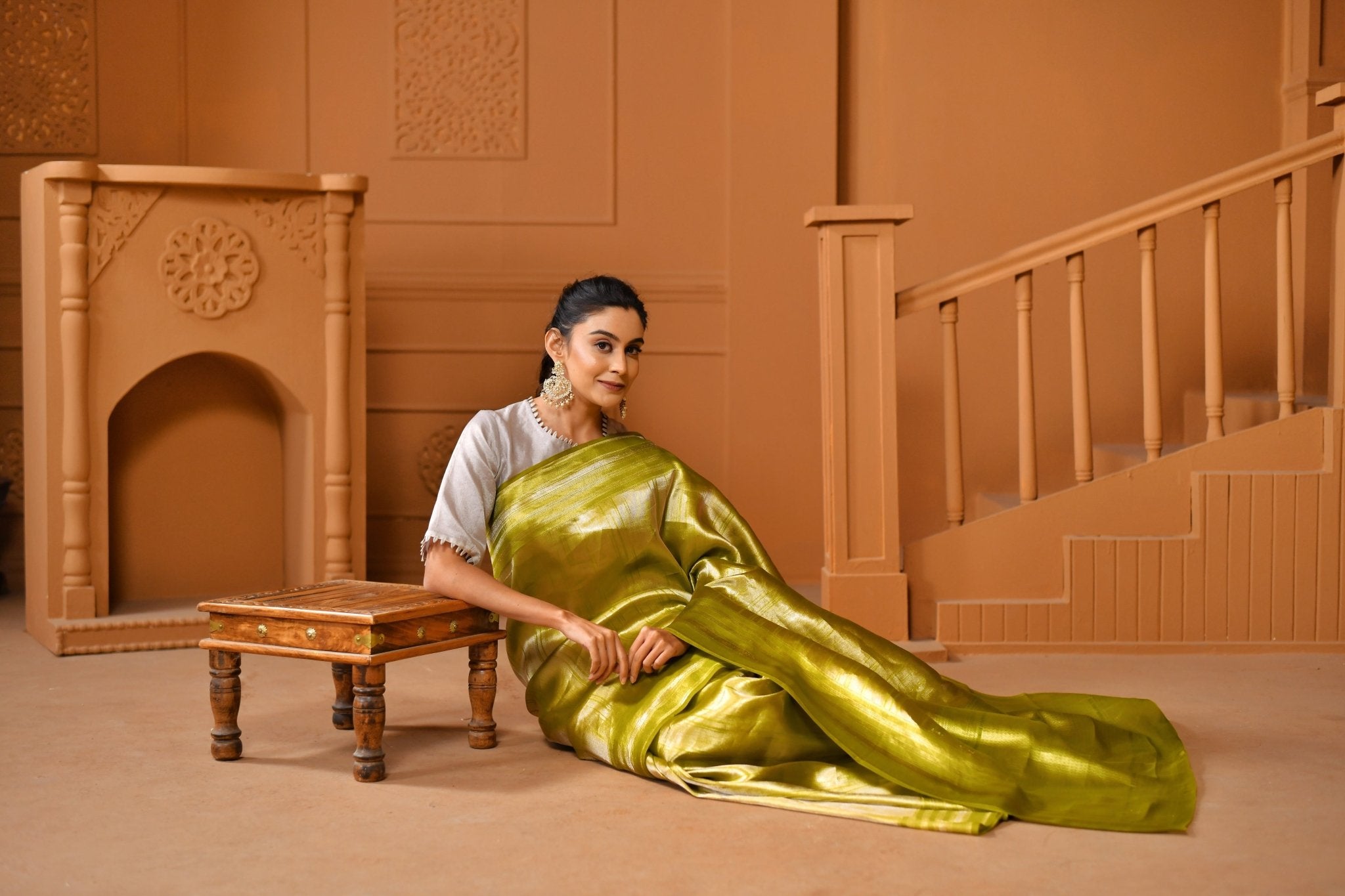 Pure Tissue Silk in Citrus - Green - Banarasiya