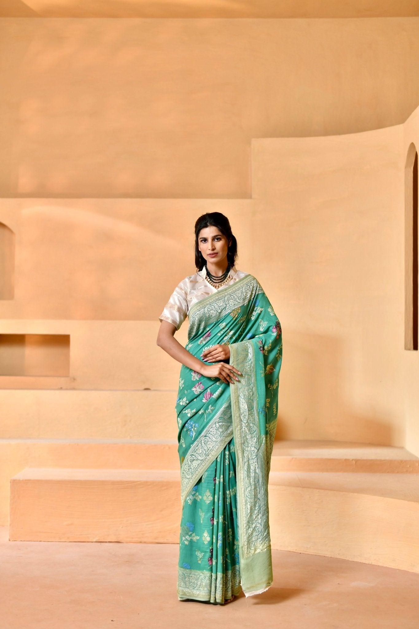 Pure Tussar Georgette in Teal - Green with Meenakari Threadwork - Banarasiya