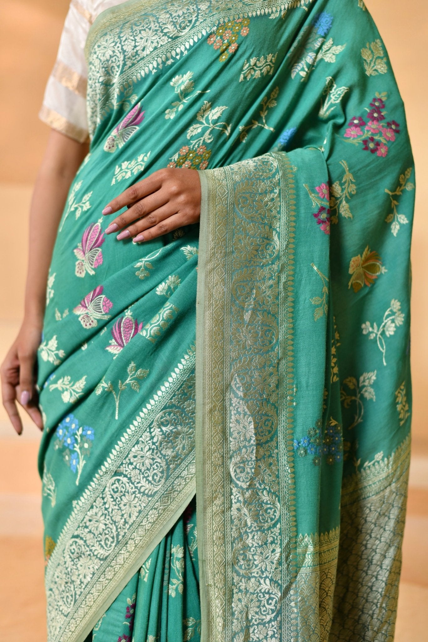 Pure Tussar Georgette in Teal - Green with Meenakari Threadwork - Banarasiya