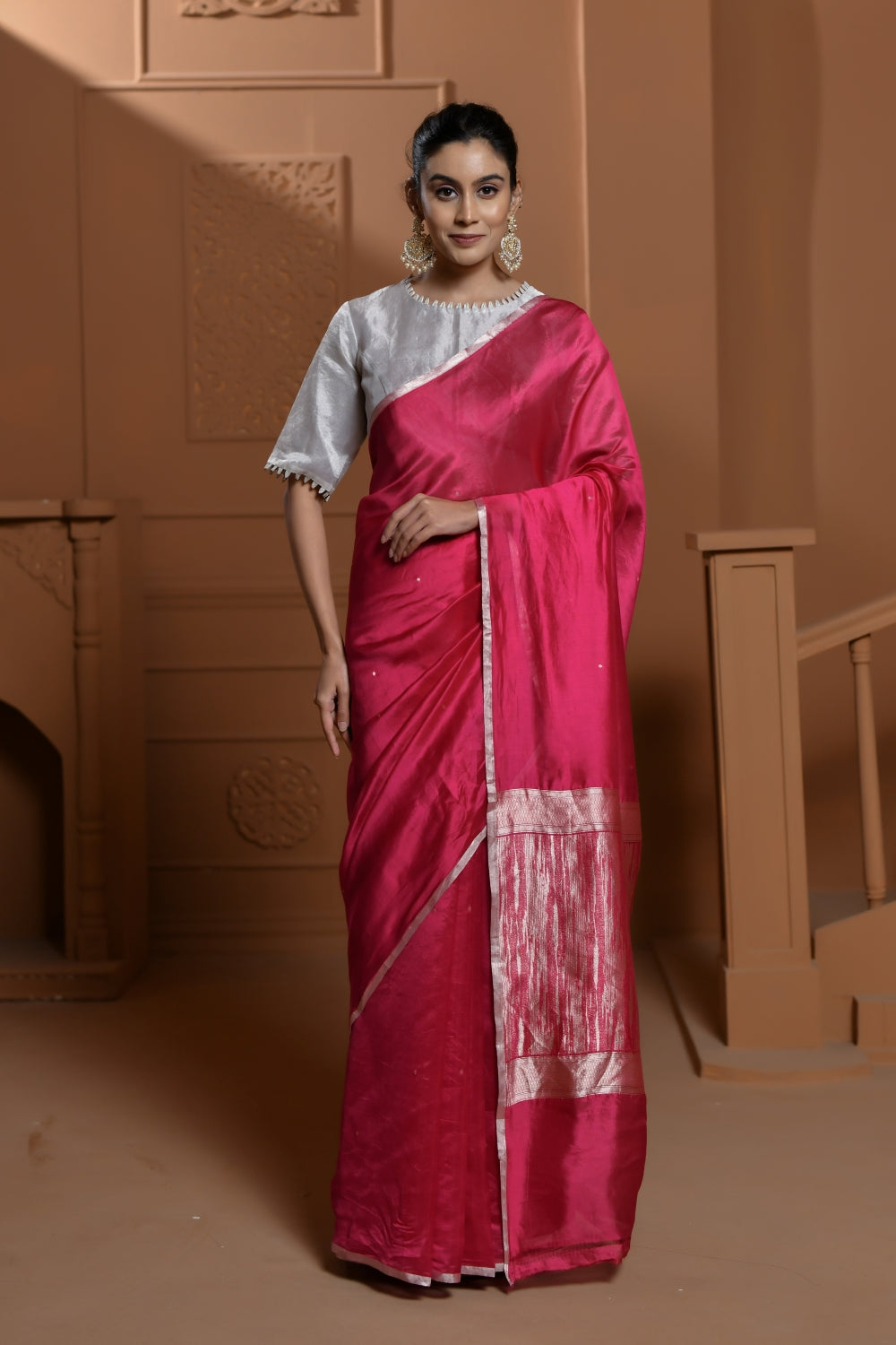 Pure Katan Organza Saree in Vivid Pink