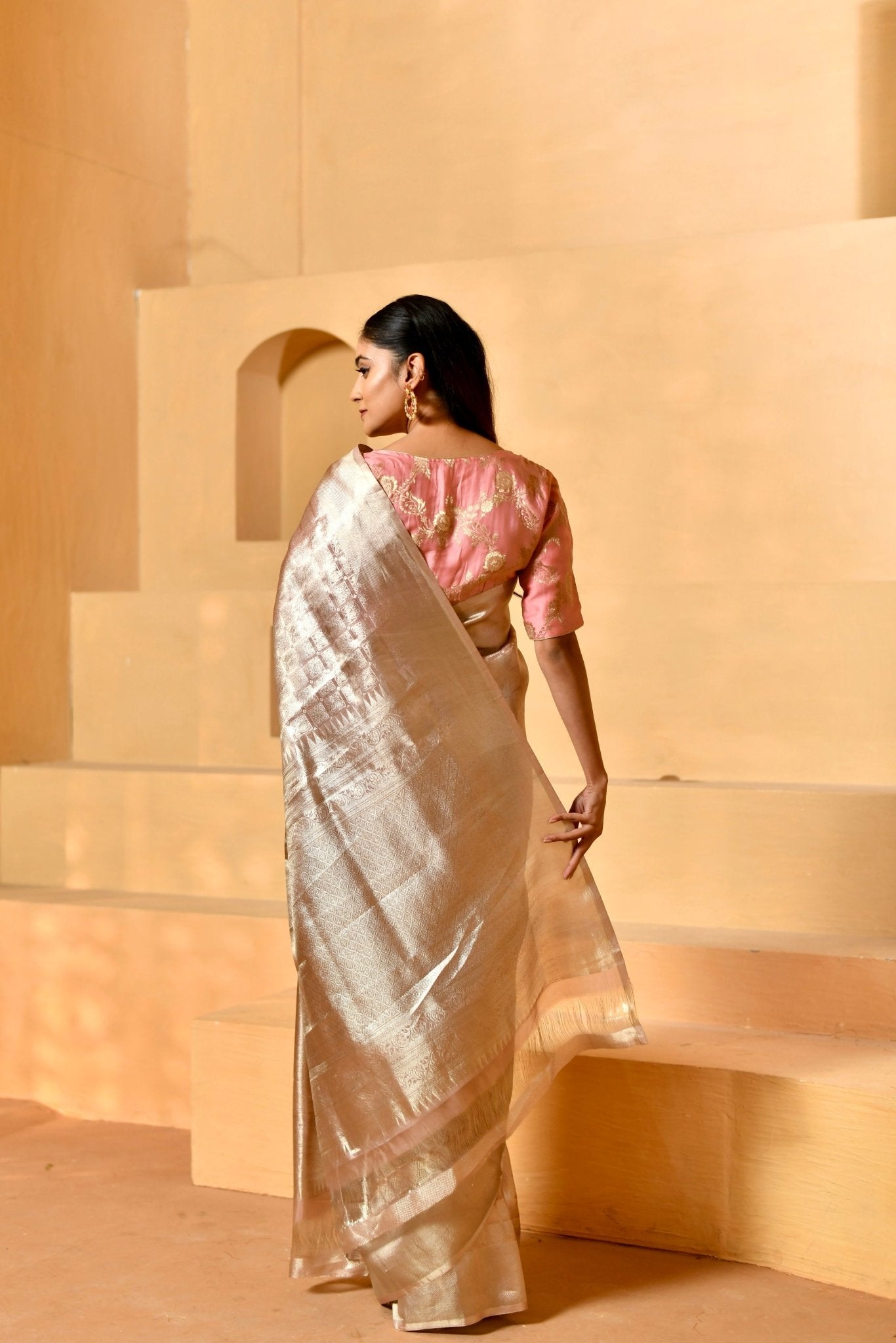 Shikargah Motifs on Soft Pink Tissue Silk Saree - Banarasiya