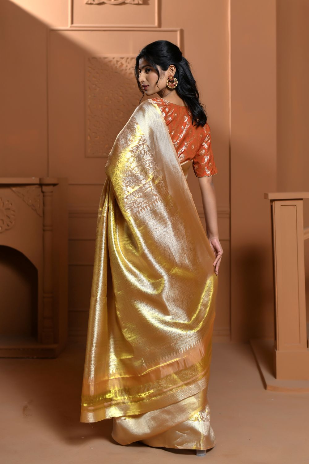 Soft Golden Yellow Tissue Silk Saree with Floral Jaal