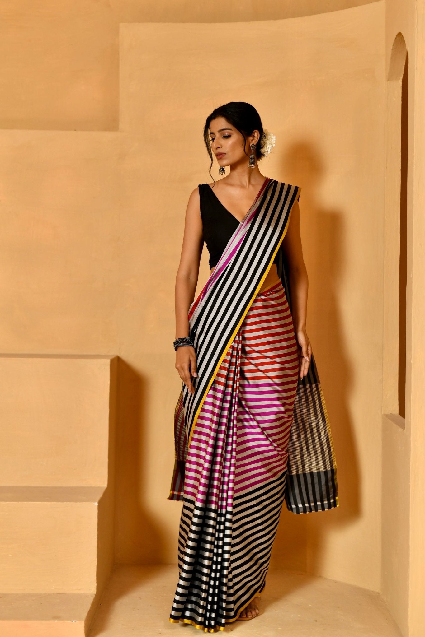 Striped Multi - Toned Katan Silk Saree - Banarasiya