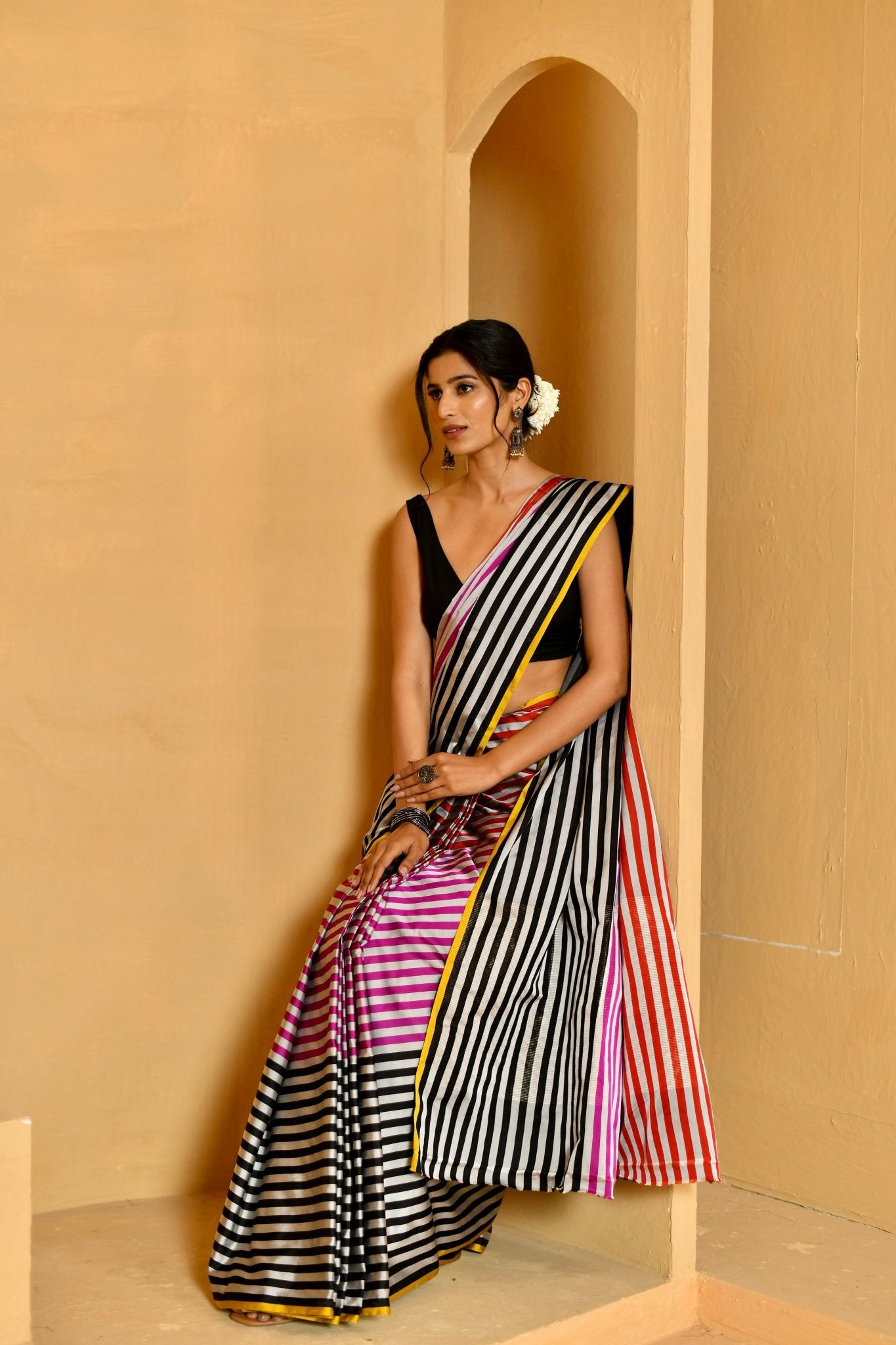 Striped Multi - Toned Katan Silk Saree - Banarasiya