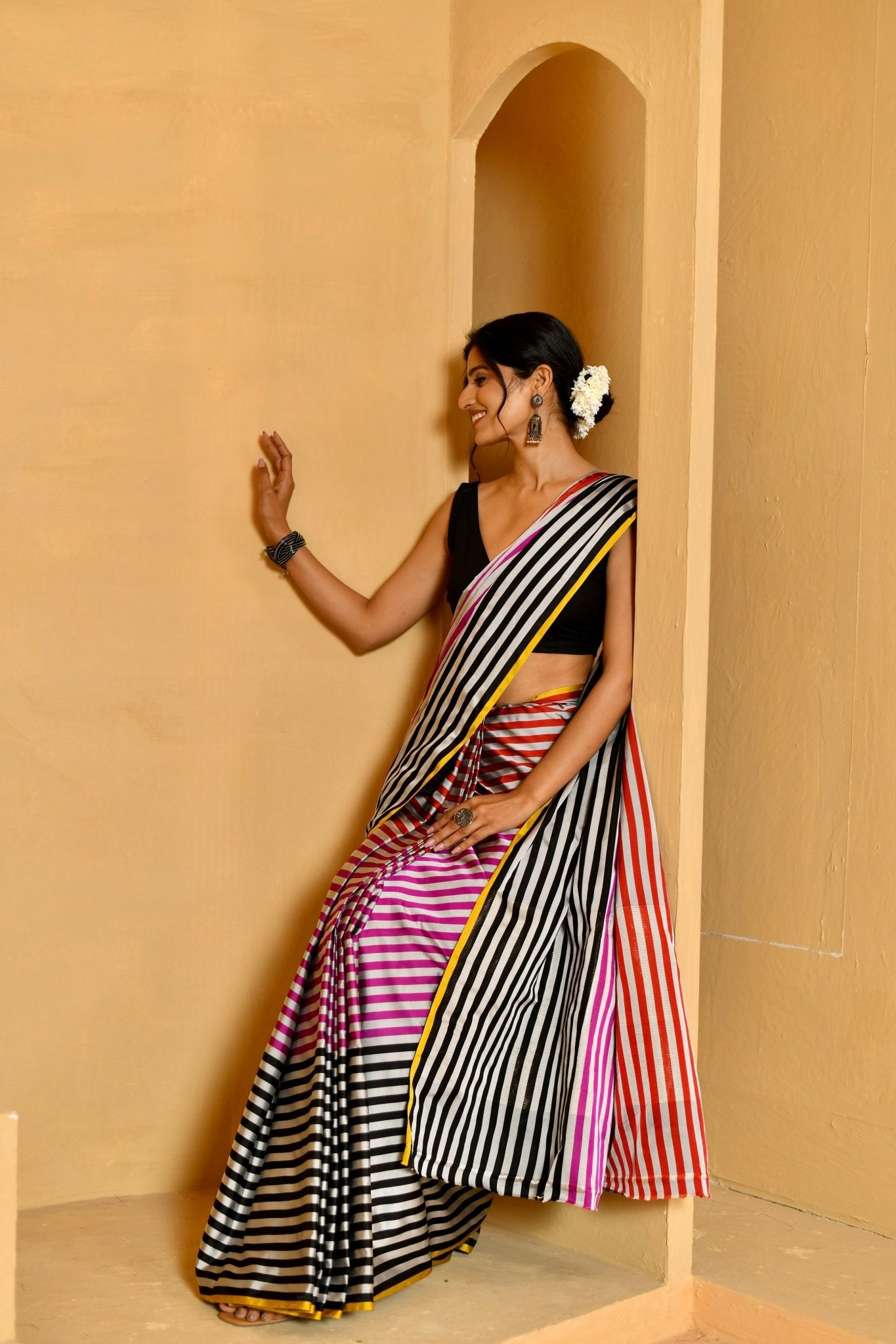 Striped Multi - Toned Katan Silk Saree - Banarasiya