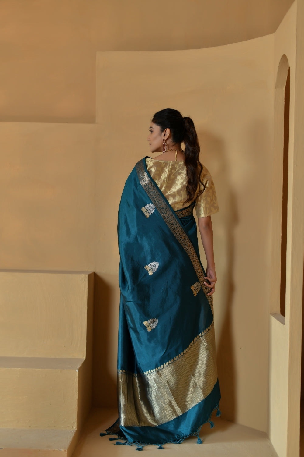 Deep Teal Blue Katan Silk with Sona Roopa Bootas-Banarasiya