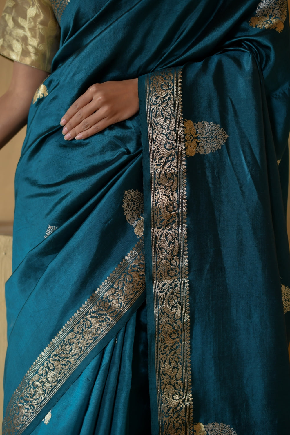 Deep Teal Blue Katan Silk with Sona Roopa Bootas-Banarasiya