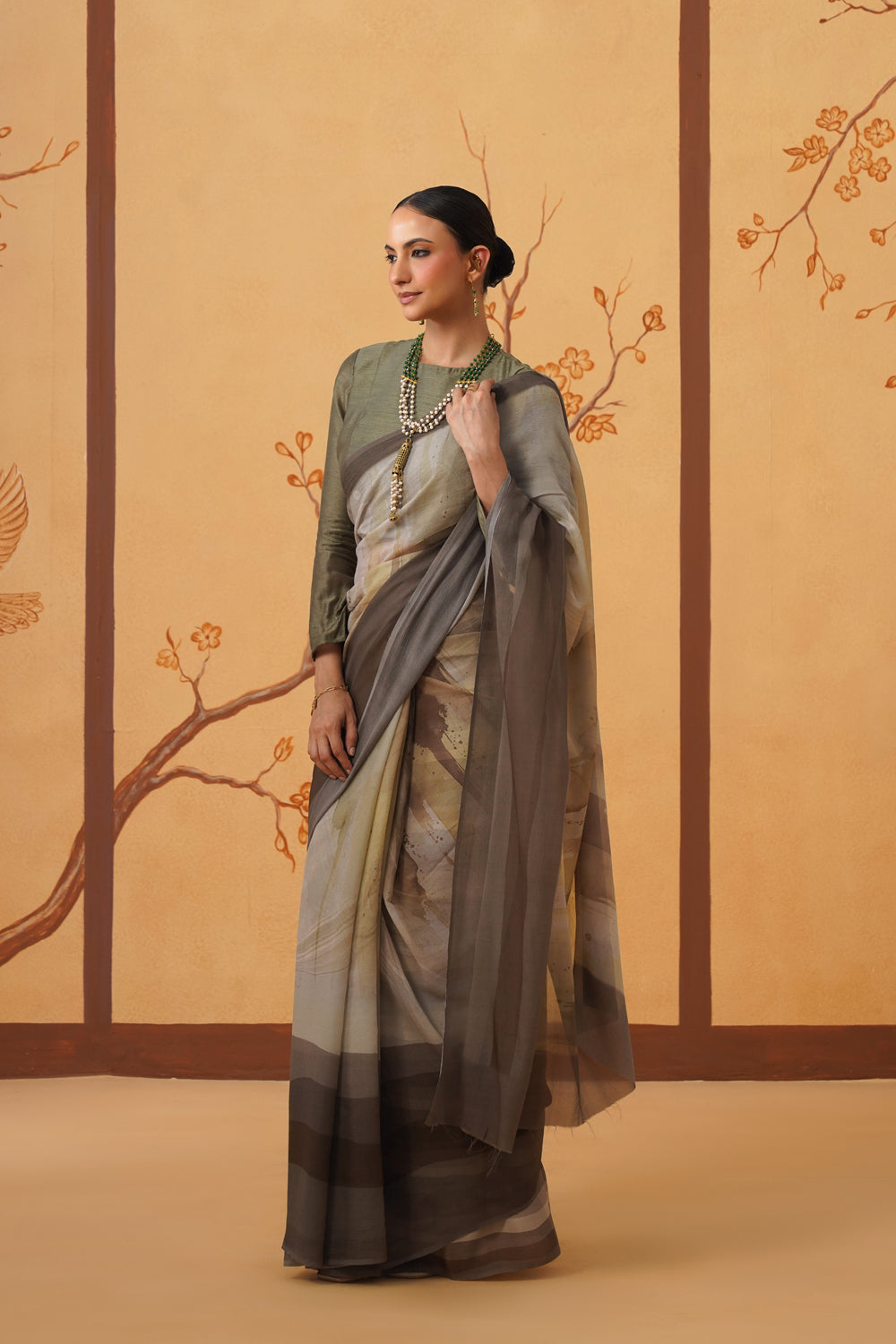 Earthbound Grace: Abstract Print Chiffon Saree