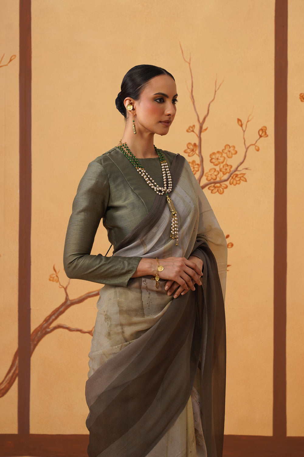 Earthbound Grace: Abstract Print Chiffon Saree