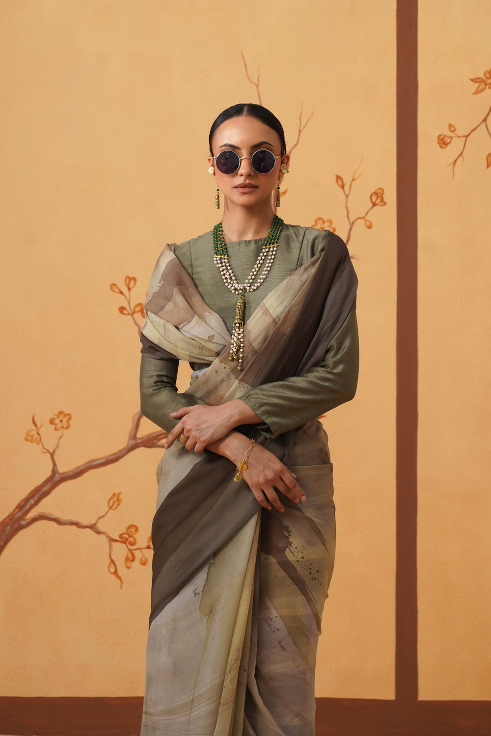 Earthbound Grace: Abstract Print Chiffon Saree