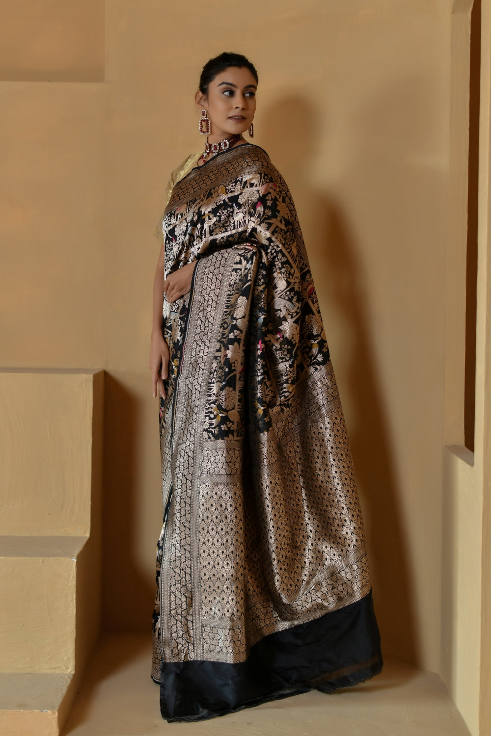 Handwoven Black Katan Silk Saree with Shikargah Motifs