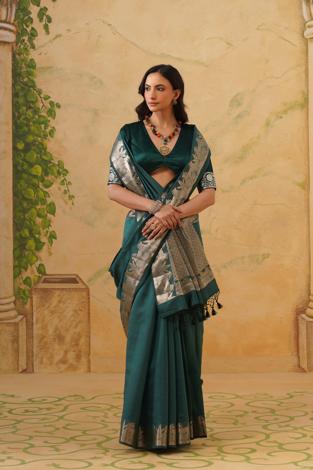 Handwoven Emerald Katan Silk Saree with Pichwai Border
