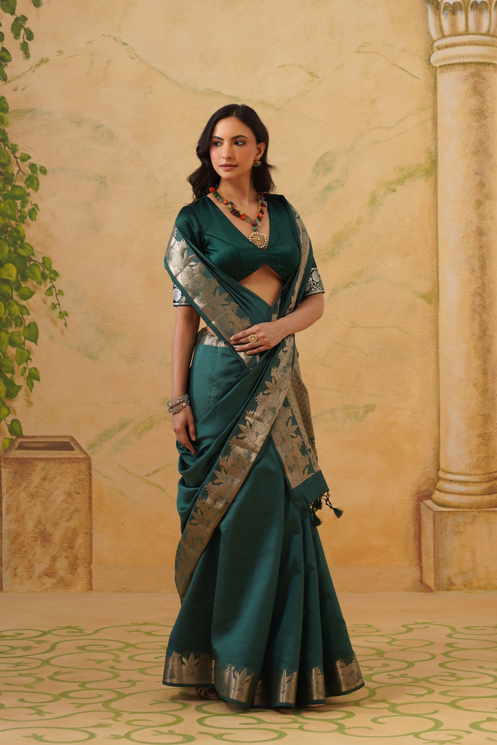 Handwoven Emerald Katan Silk Saree with Pichwai Border