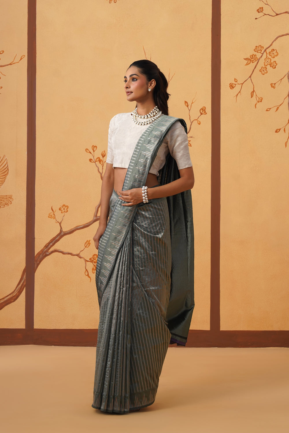 Handwoven Katan Silk Saree in Sage Silver
