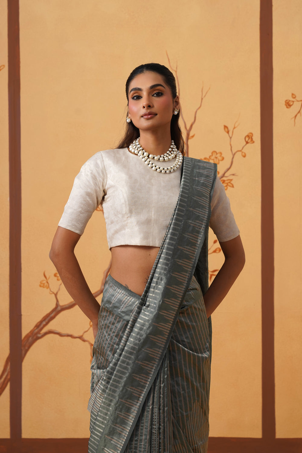 Handwoven Katan Silk Saree in Sage Silver