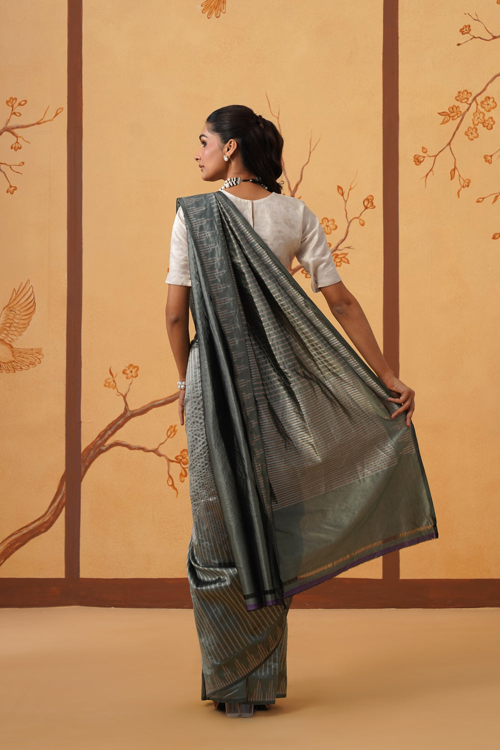 Handwoven Katan Silk Saree in Sage Silver