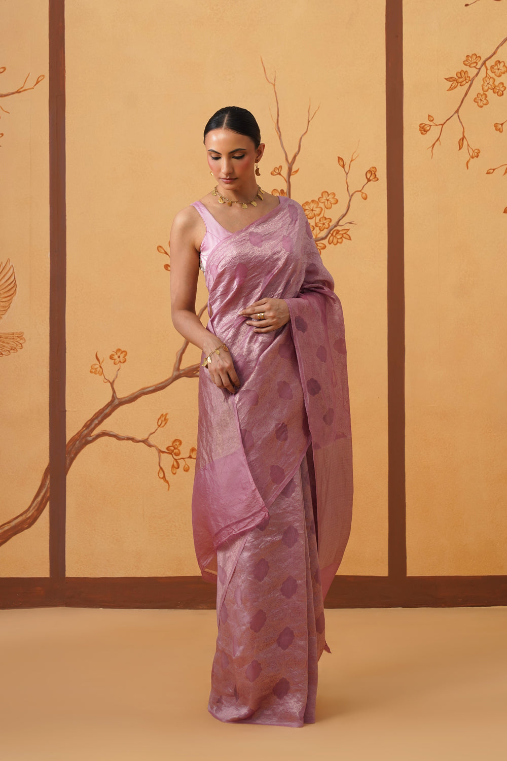 Handwoven Kora Katan Silk Saree in Lavender Haze