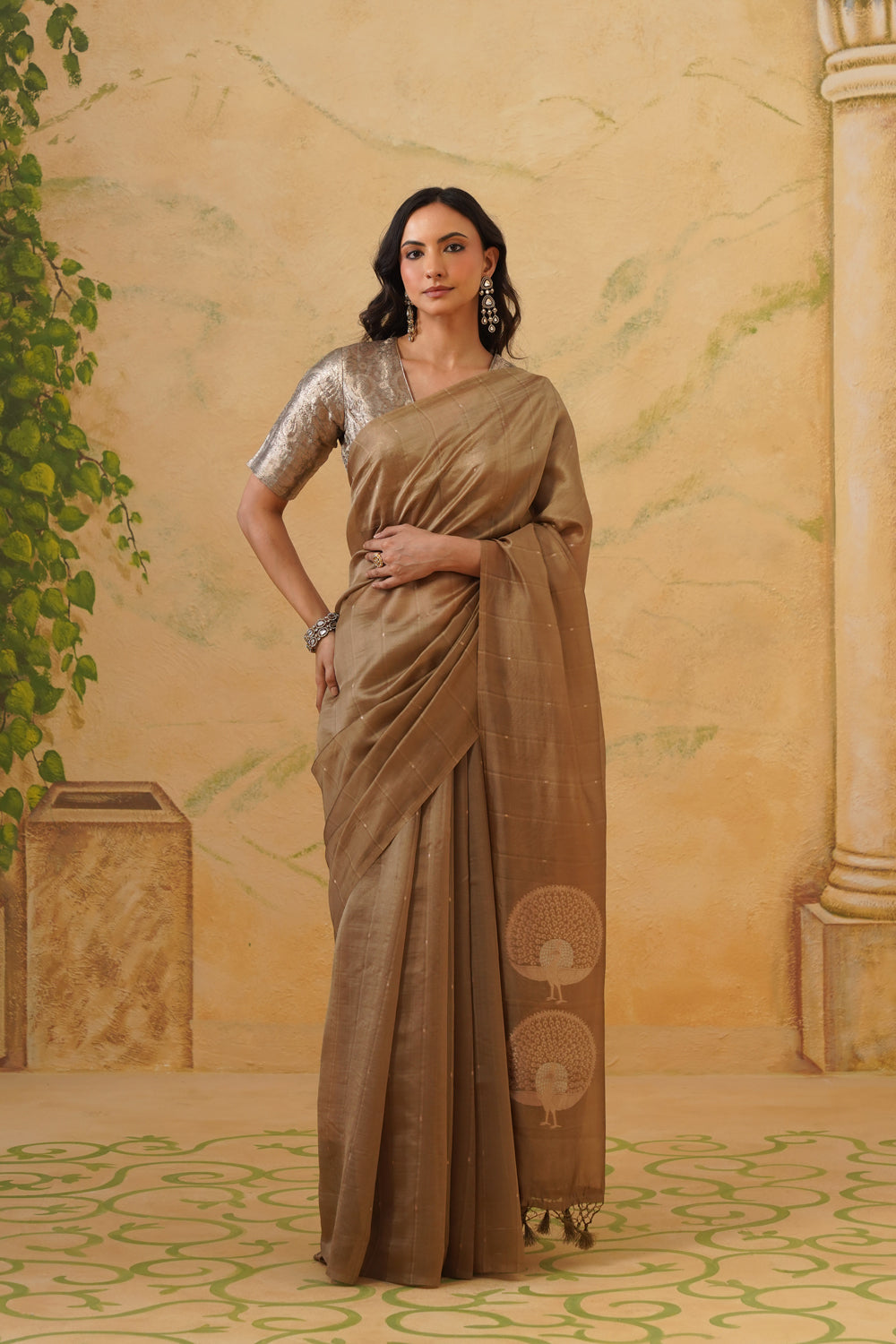 Handwoven Kora Katan Silk Saree with Peacock Pallu in Beige