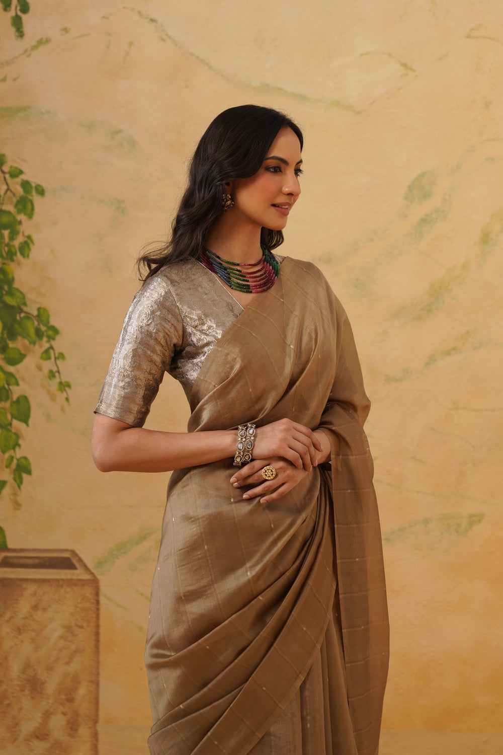Handwoven Kora Katan Silk Saree with Peacock Pallu in Beige
