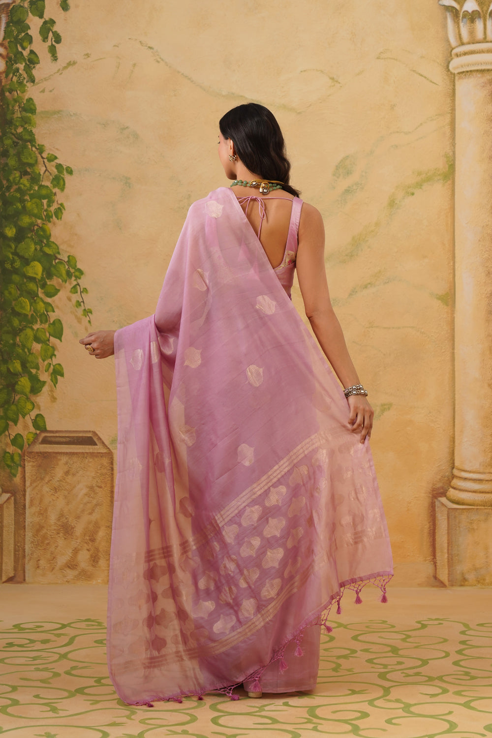 Handwoven Lavender-Pink Kora Katan Silk Saree