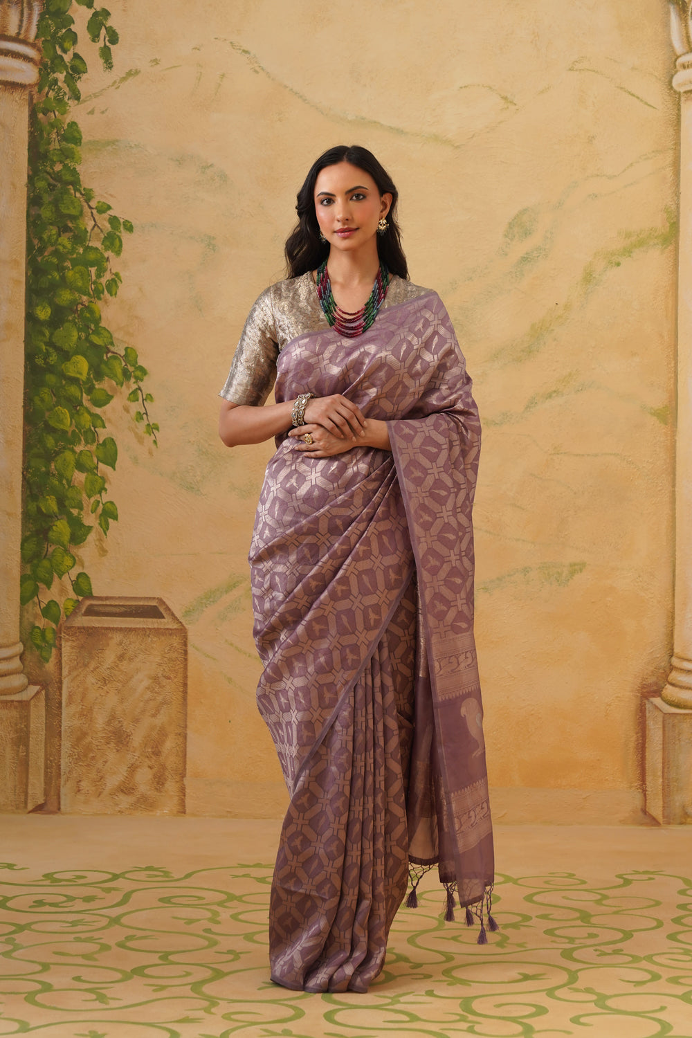 Handwoven Mauve Kora Katan Silk Saree with Bird Motifs