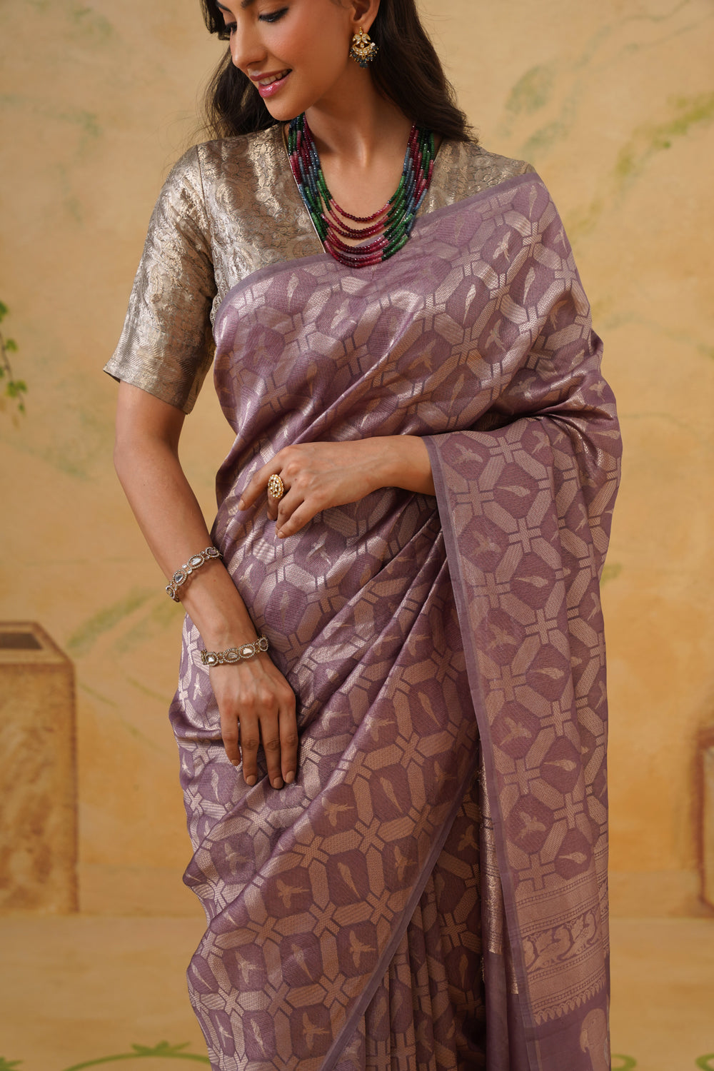 Handwoven Mauve Kora Katan Silk Saree with Bird Motifs