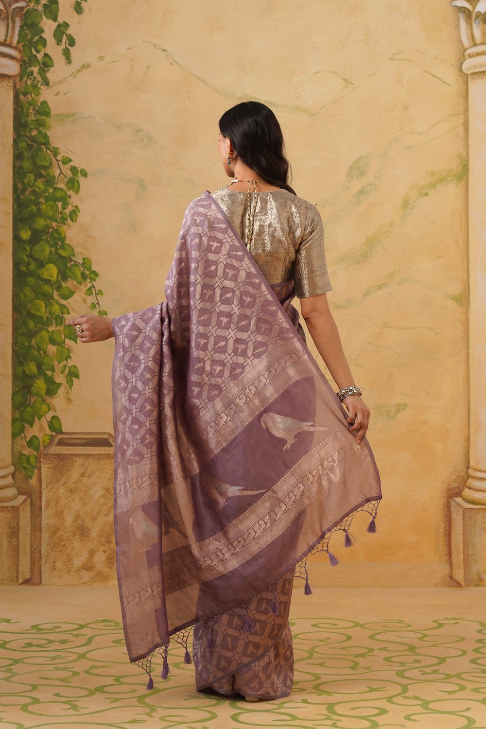 Handwoven Mauve Kora Katan Silk Saree with Bird Motifs