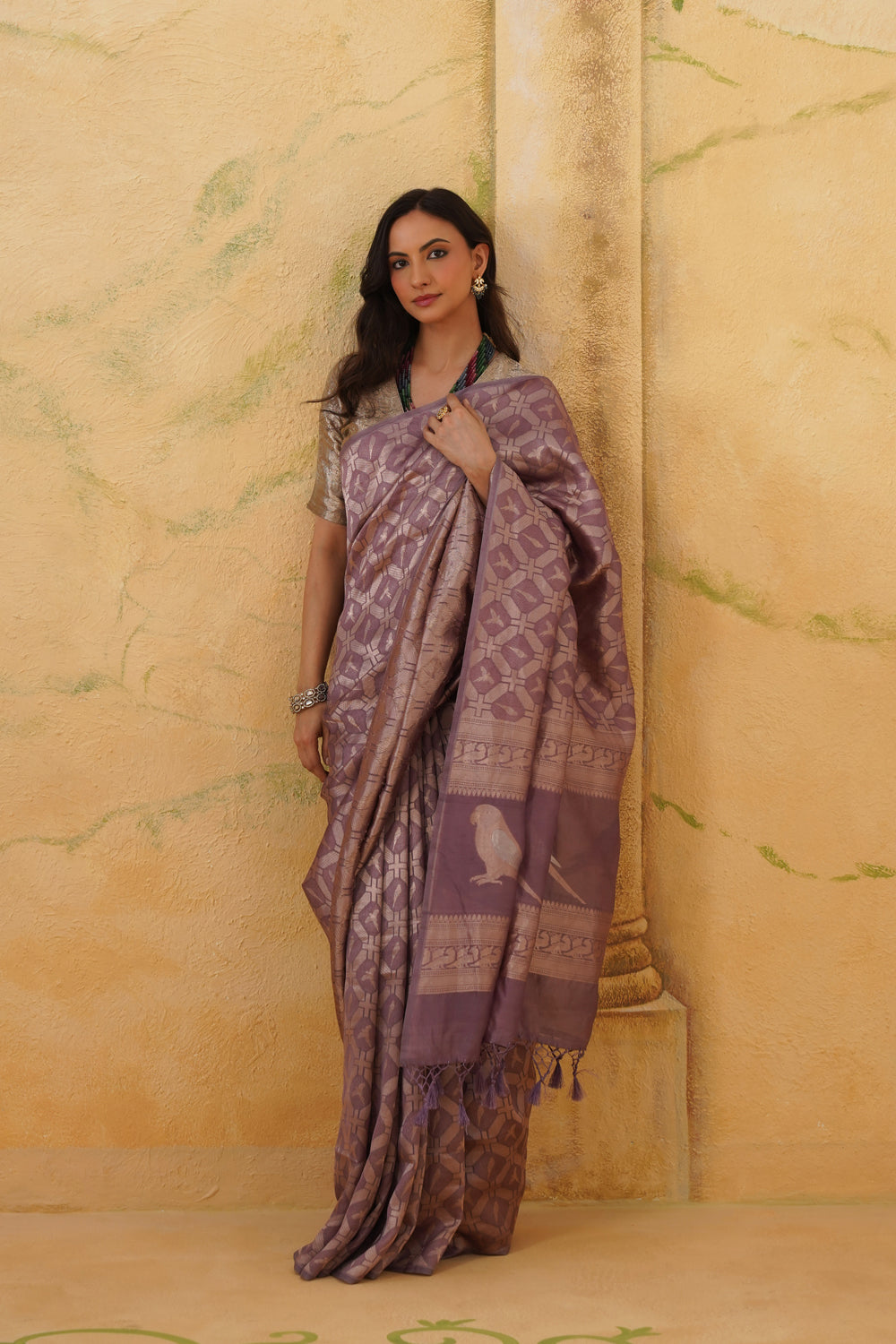 Handwoven Mauve Kora Katan Silk Saree with Bird Motifs