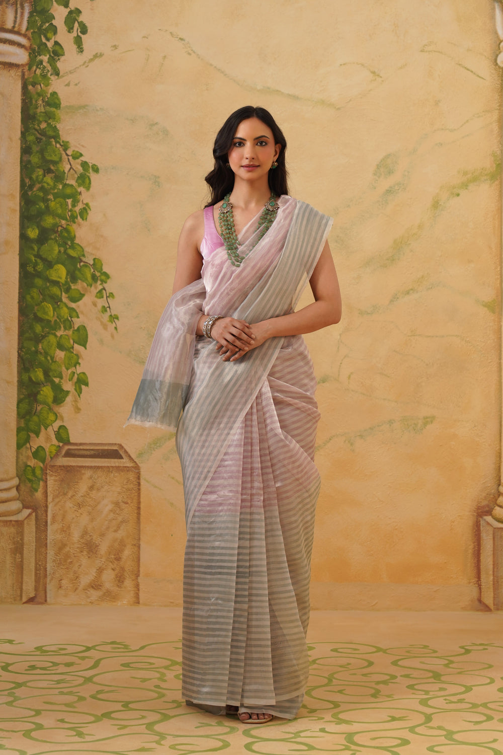 Handwoven Metallic Tissue Saree with Linear Stripe Pattern