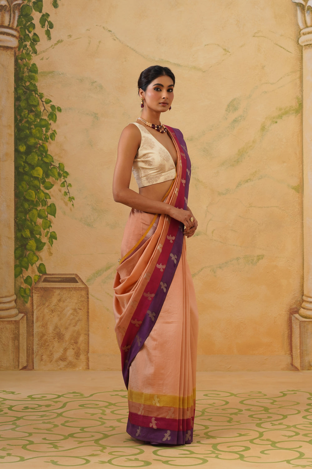 Handwoven Multi-Color Katan Silk Saree with Bird Motifs