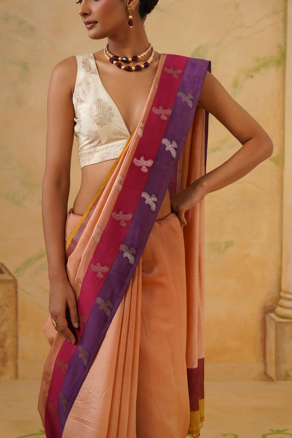 Handwoven Multi-Color Katan Silk Saree with Bird Motifs