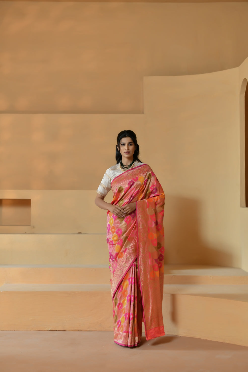 Handwoven Multi-Toned Katan Silk Saree with Floral Motifs-Banarasiya